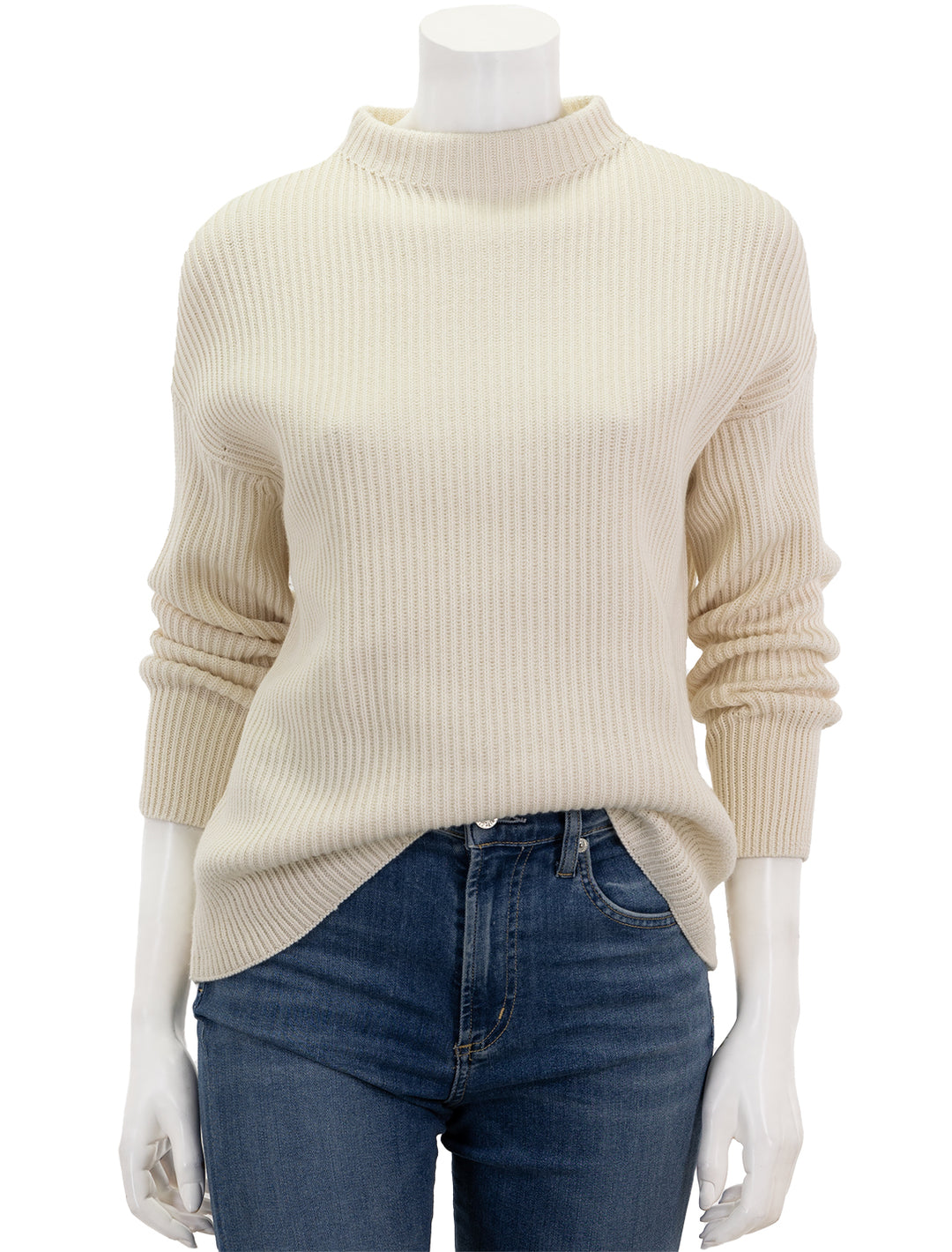 Front view of Vince's ribbed funnel neck in ivory.