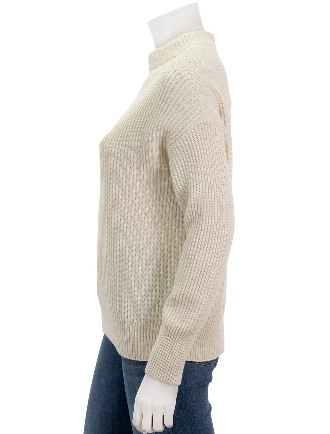 Side view of Vince's ribbed funnel neck in ivory.