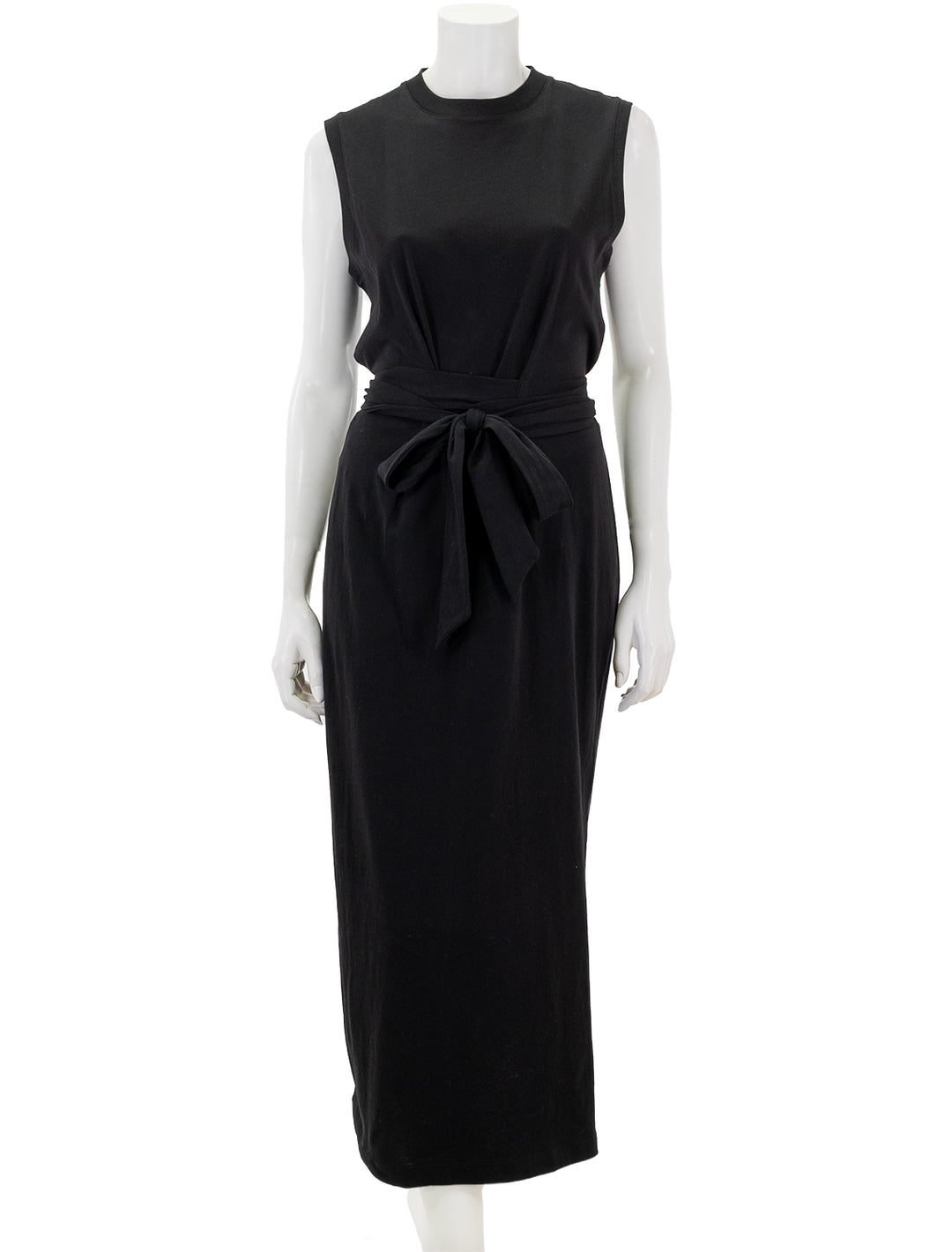 Front view of Vince's sleeveless knit wrap dress in black