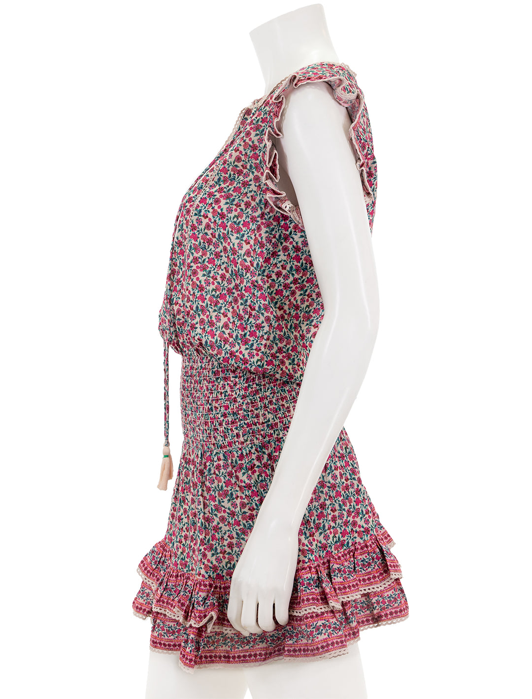 Side view of M.A.B.E.'s frida print short dress in pink floral.