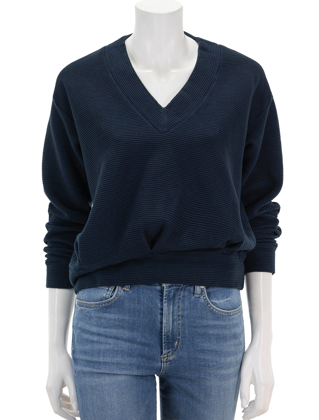 Front view of Stateside's horizontal rib v-neck pullover in new navy.