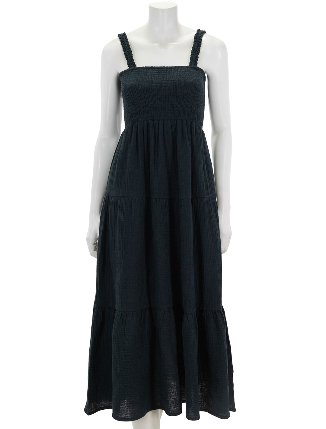 Front view of Marine Layer's selene maxi dress in black.