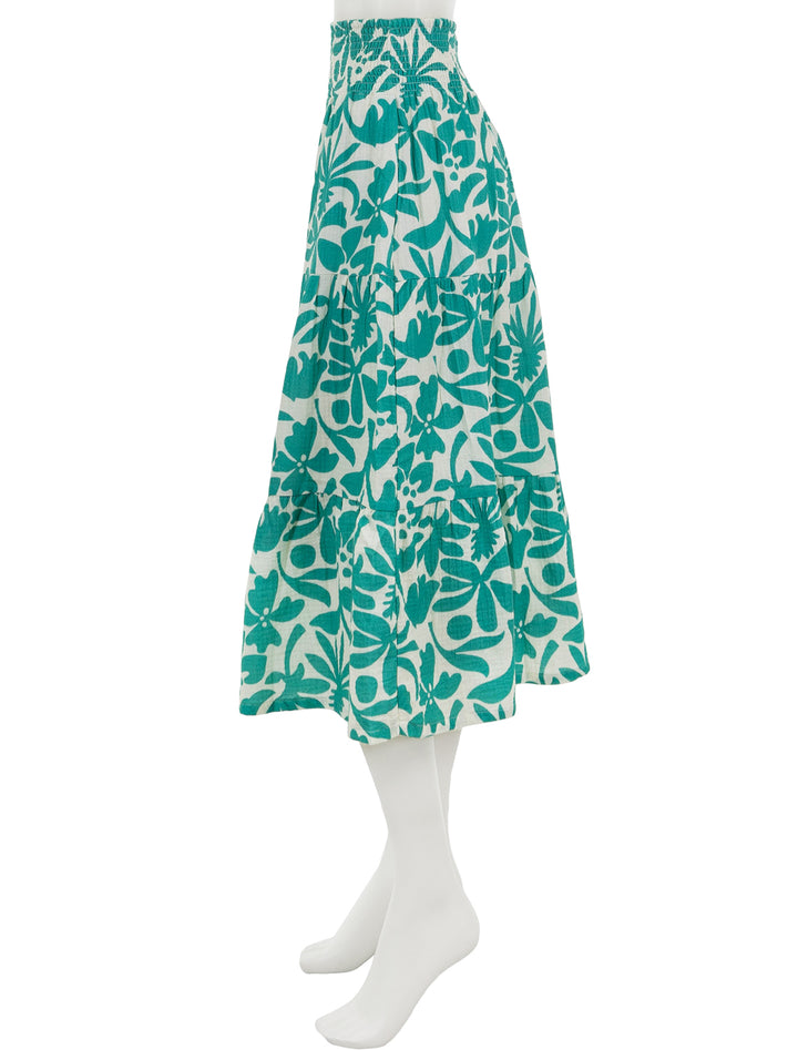 Side view of Marine Layer's corinne double cloth maxi skirt in spruce flora.