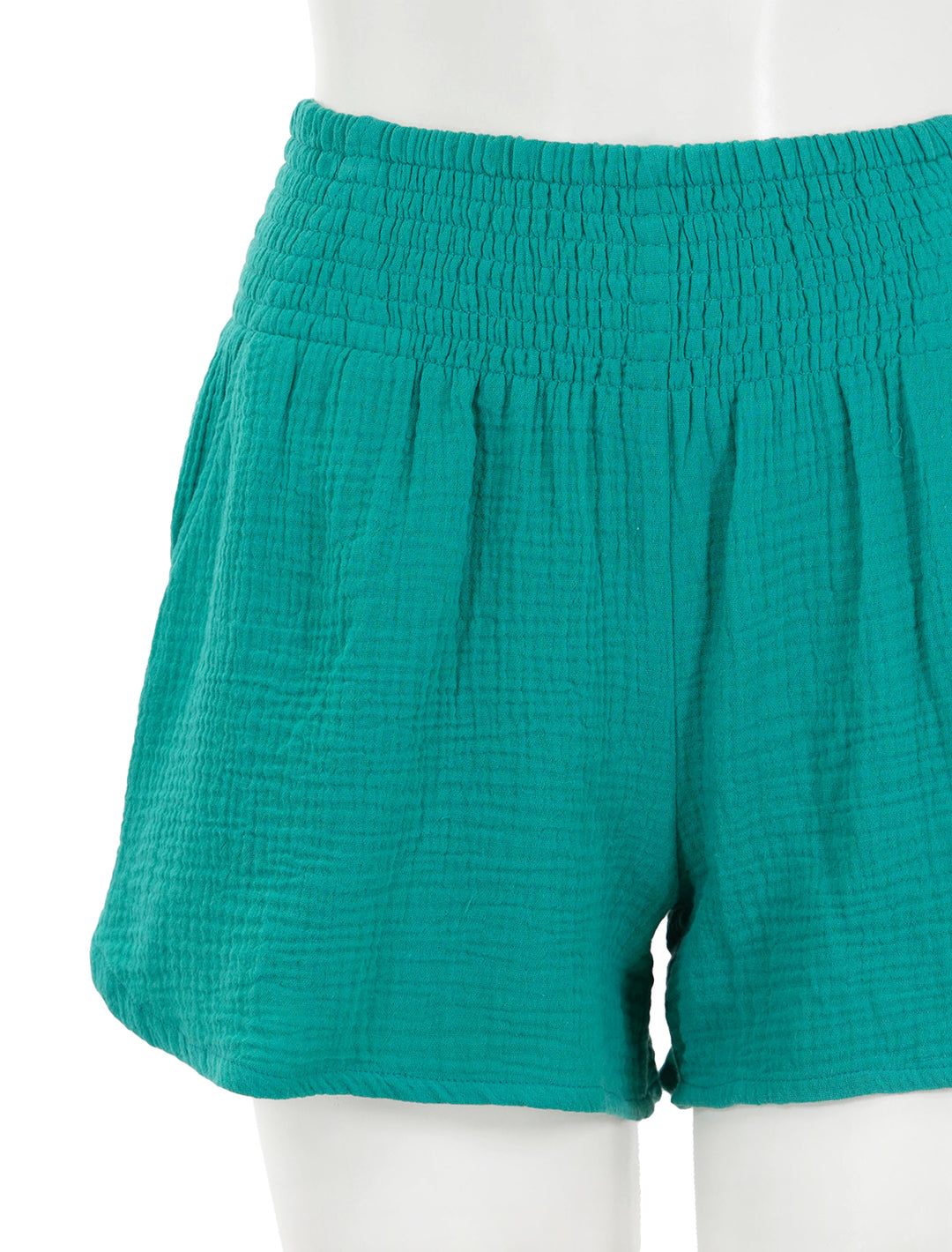 Close-up view of Marine Layer's cali double cloth short in spruce.