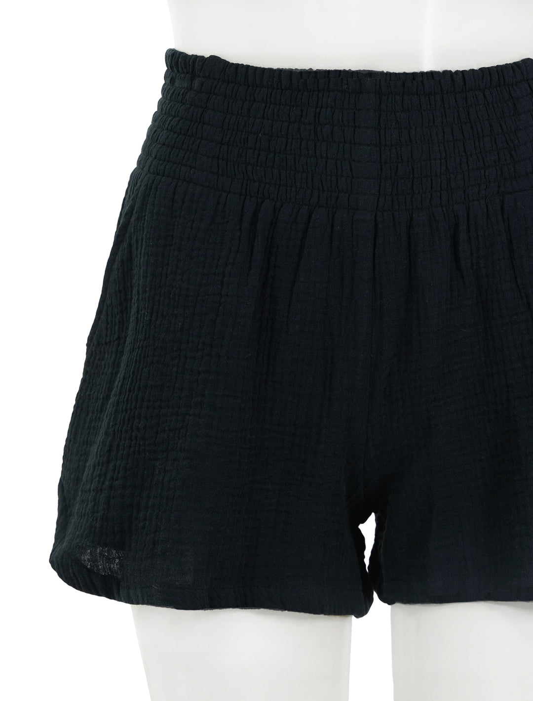 Close-up view of Marine Layer's corine shorts in black.
