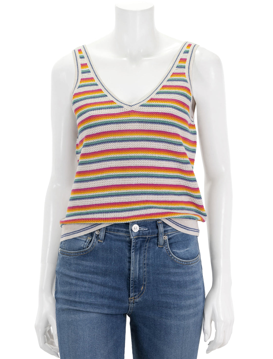 Front view of Marine Layer's finley sweater tank in bright stripe.