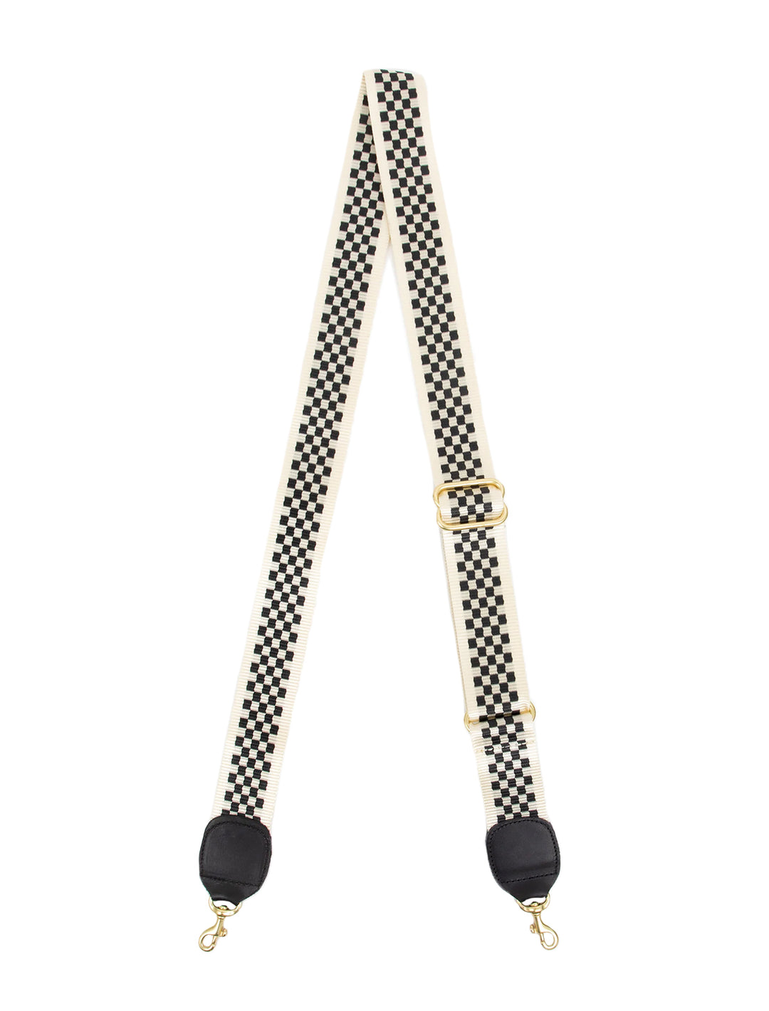 Front view of Clare V.'s adjustable crossbody strap in black and cream checker.