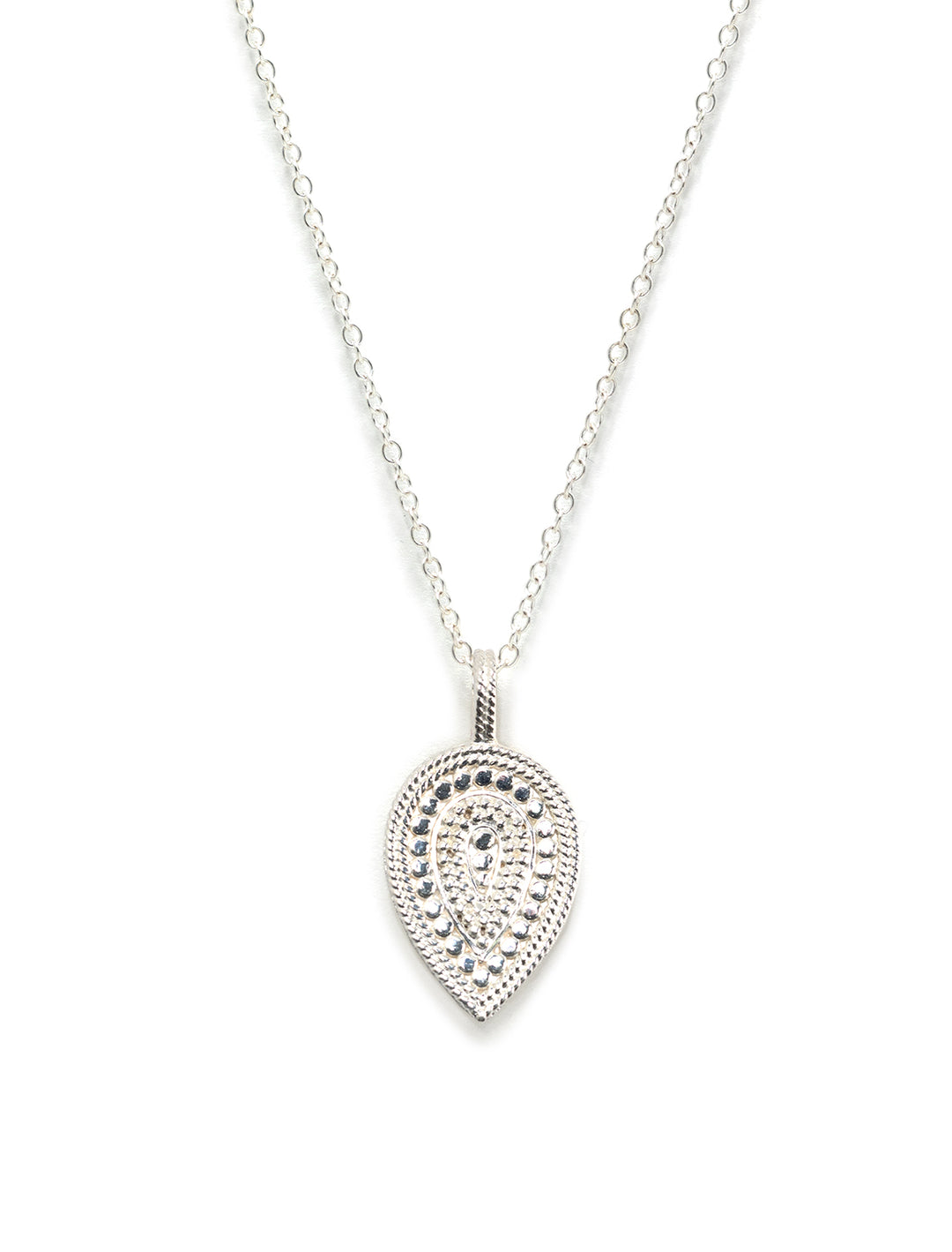 Front view of Anna Beck's beaded teardrop inverted pendant necklace in silver.