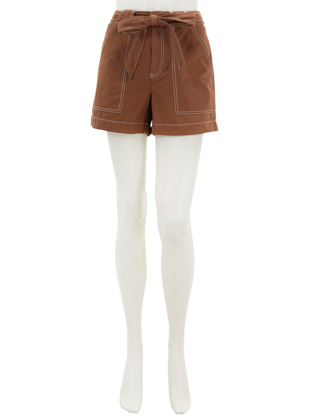 Front view of Lilla P.'s belted canvas shorts in bronze.