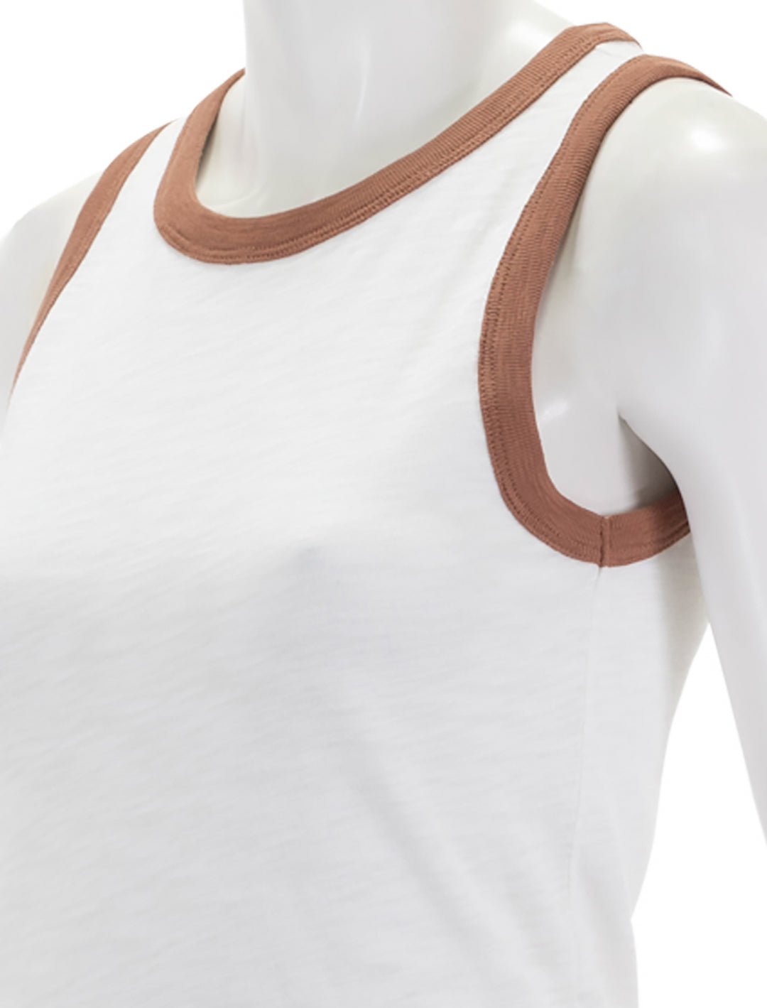 Close-up view of Lilla P.'s colorblock tank in white and burnt sienna.