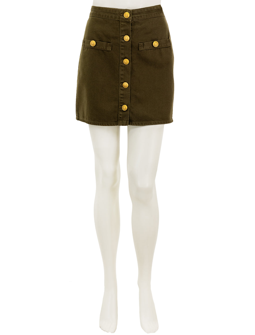 Front view of L'agence's kris button front mini skirt in olive grove.