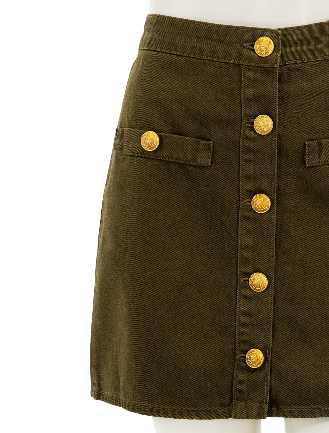 Close-up view of L'agence's kris button front mini skirt in olive grove.