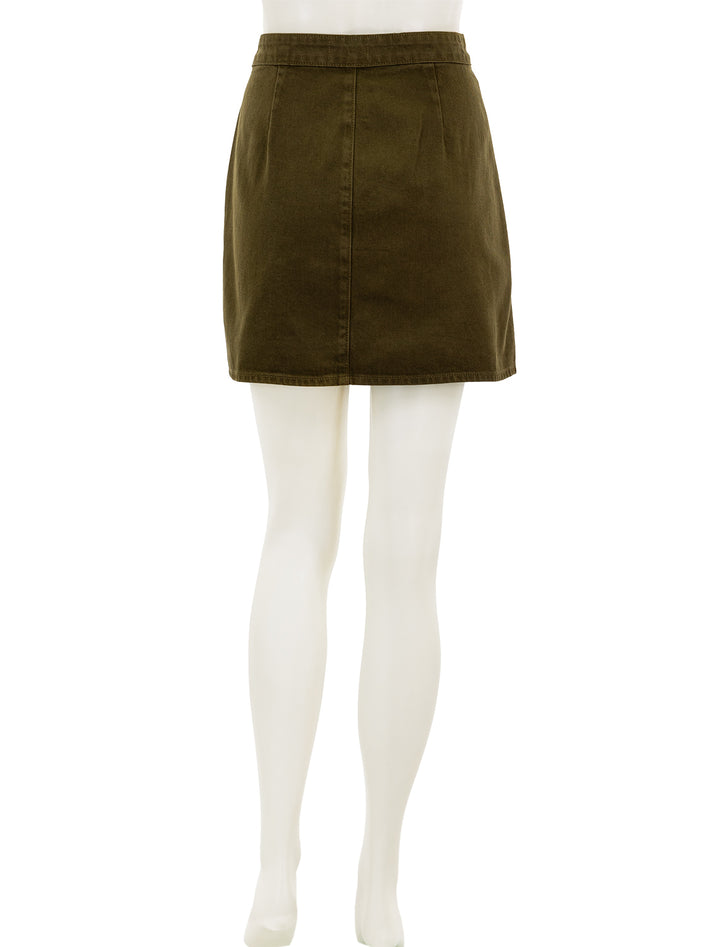 Back view of L'agence's kris button front mini skirt in olive grove.