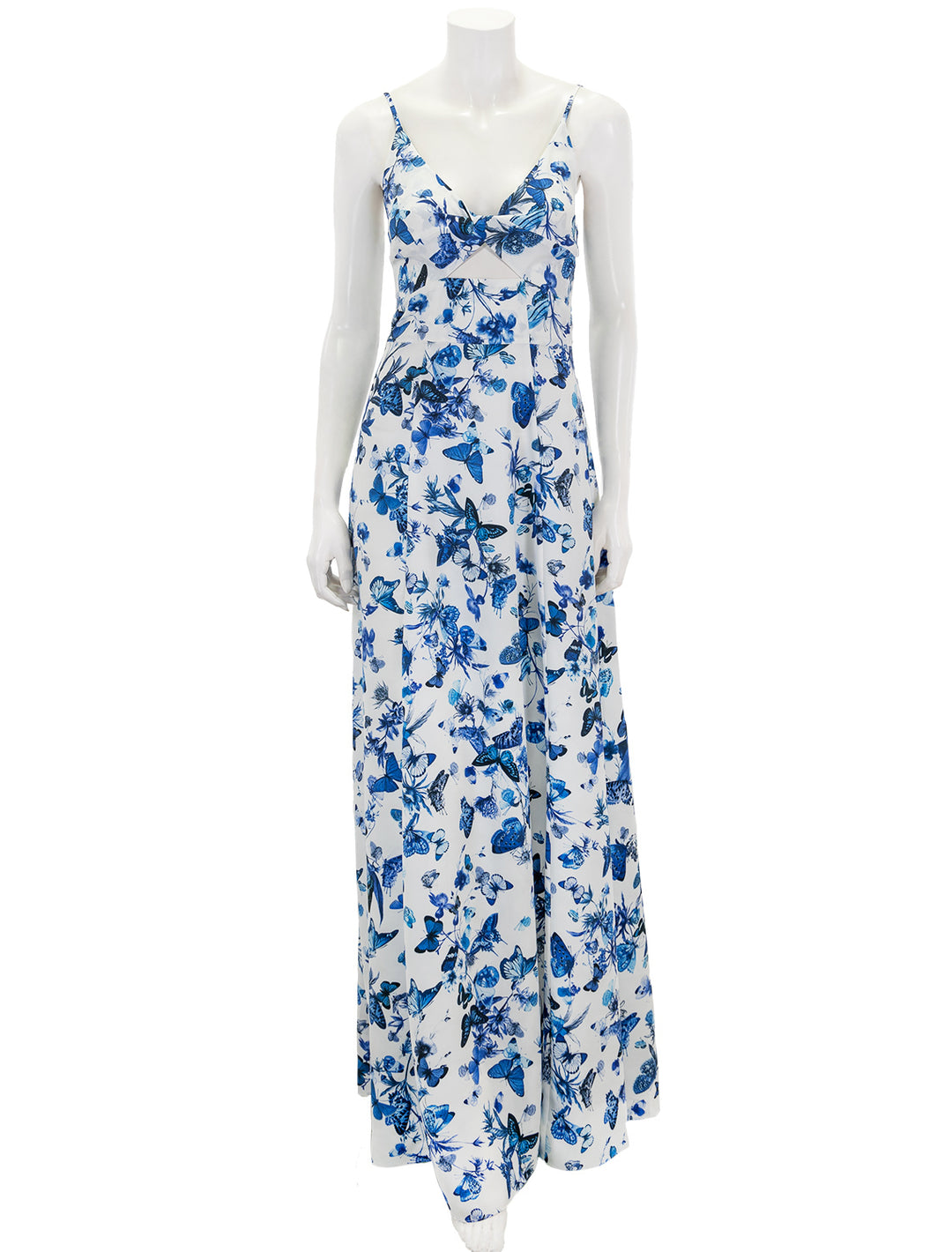 Front view of L'agence's porter twisted front dress in white and blue.