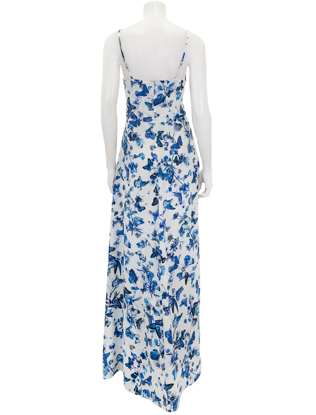 Back view of L'agence's porter twisted front dress in white and blue.