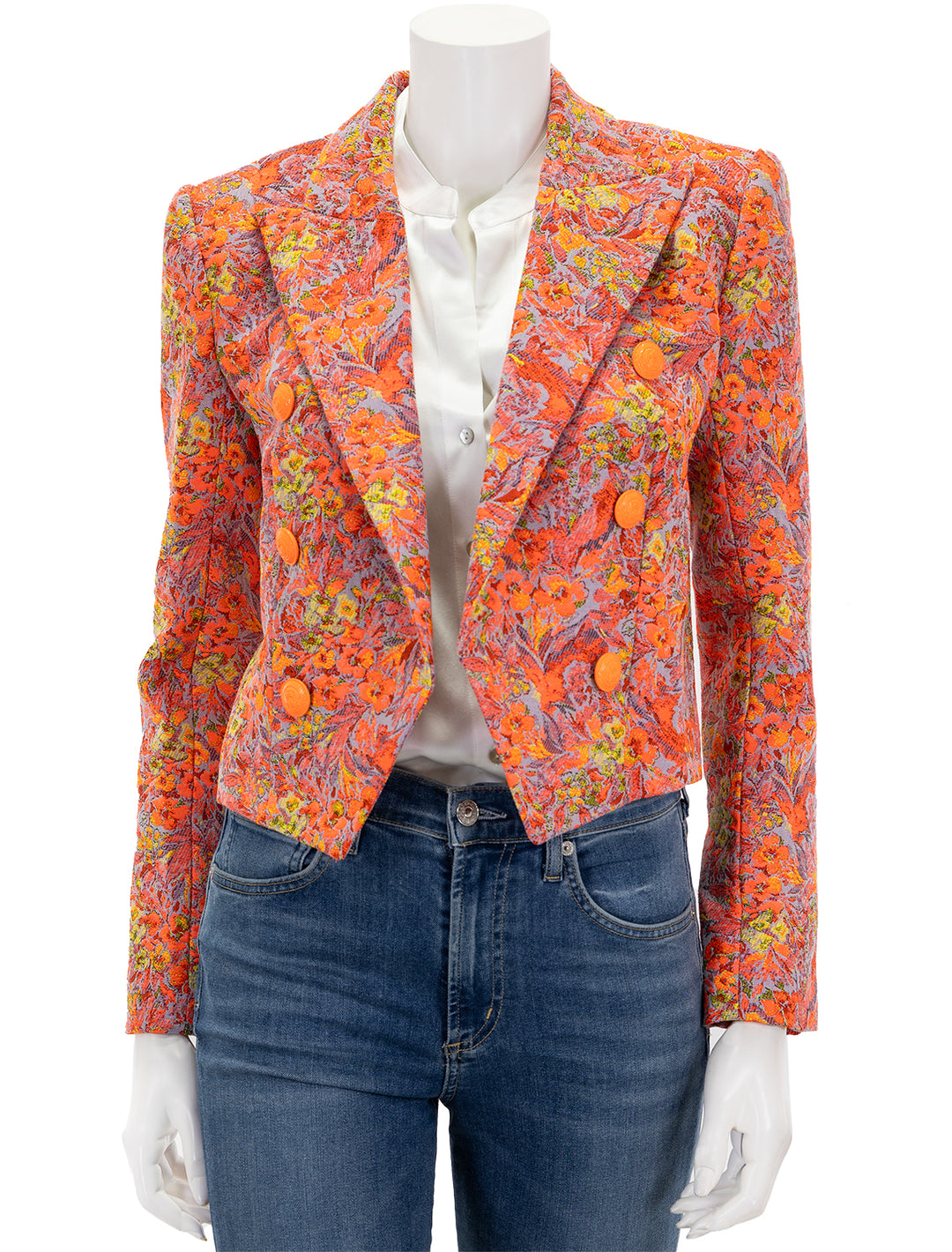 Front view of L'agence's lila boxy blazer in orange floral.