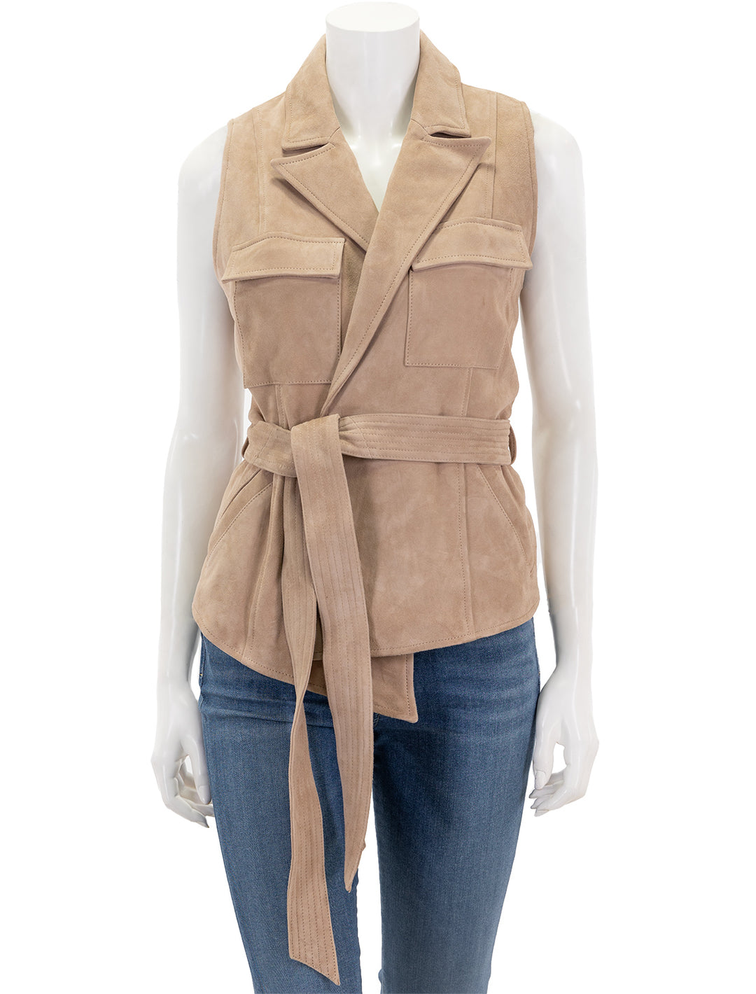 Front view of L'agence's arbor wrap belted vest in cashew.