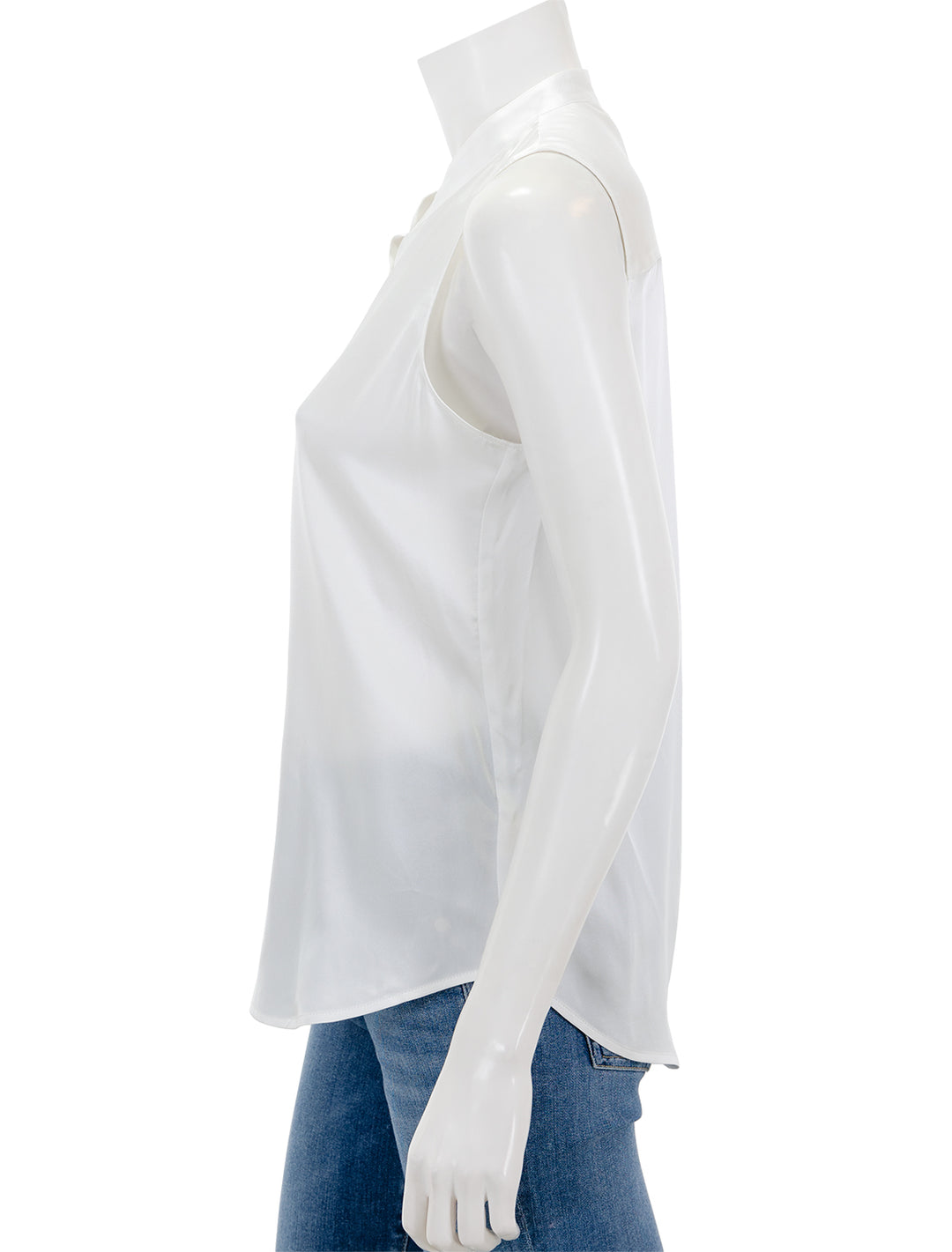 Side view of L'agence's hendrix band collar sleeveless blouse in white.