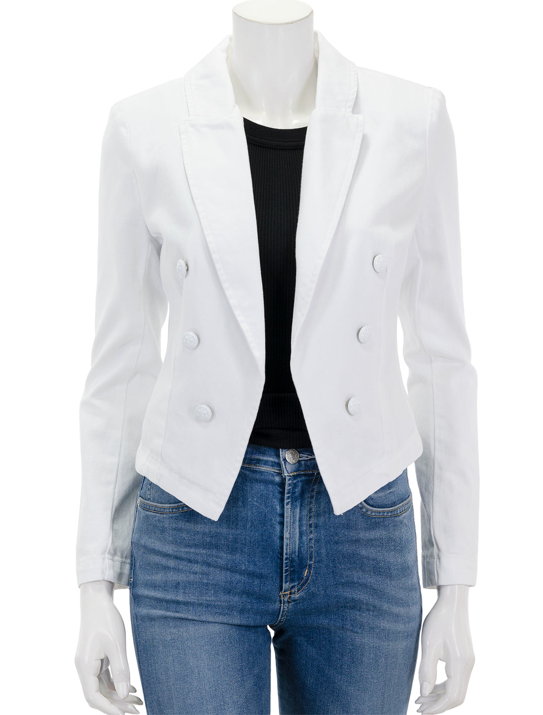 Front view of L'agence's wayne crop double breasted jacket in blanc.