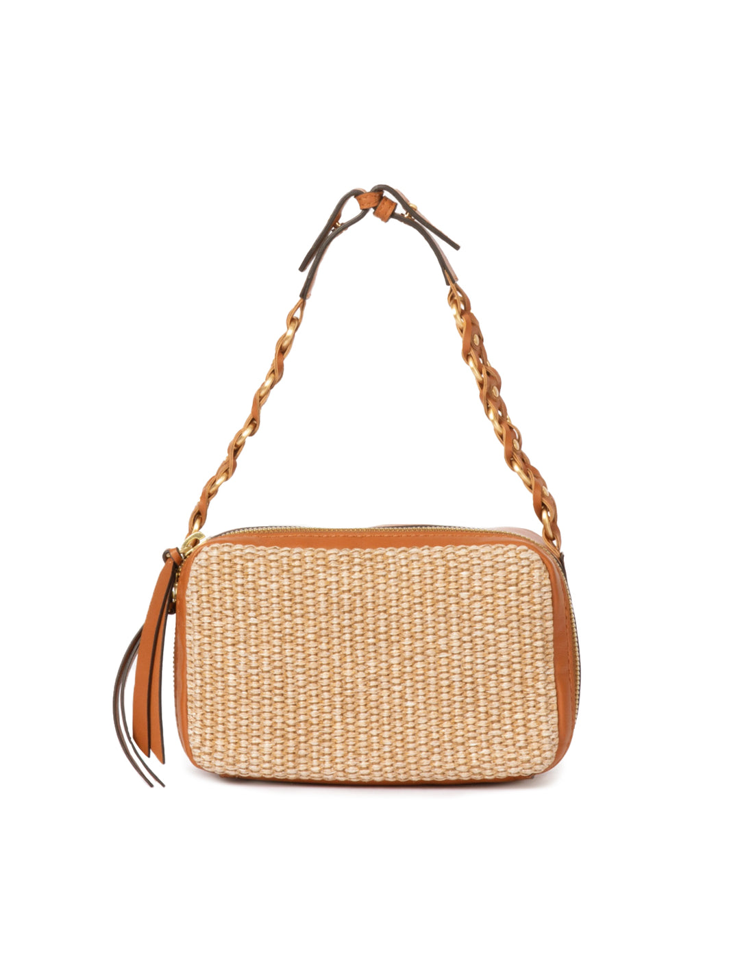Front view of Rag & Bone's cami straw cameral bag in natural.