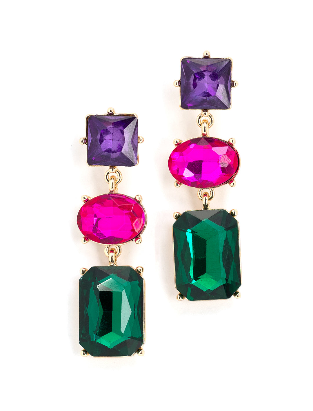 Overhead view of AV Max's Emerald, Purple, Fuchsia Triple Stone Statement Earrings.