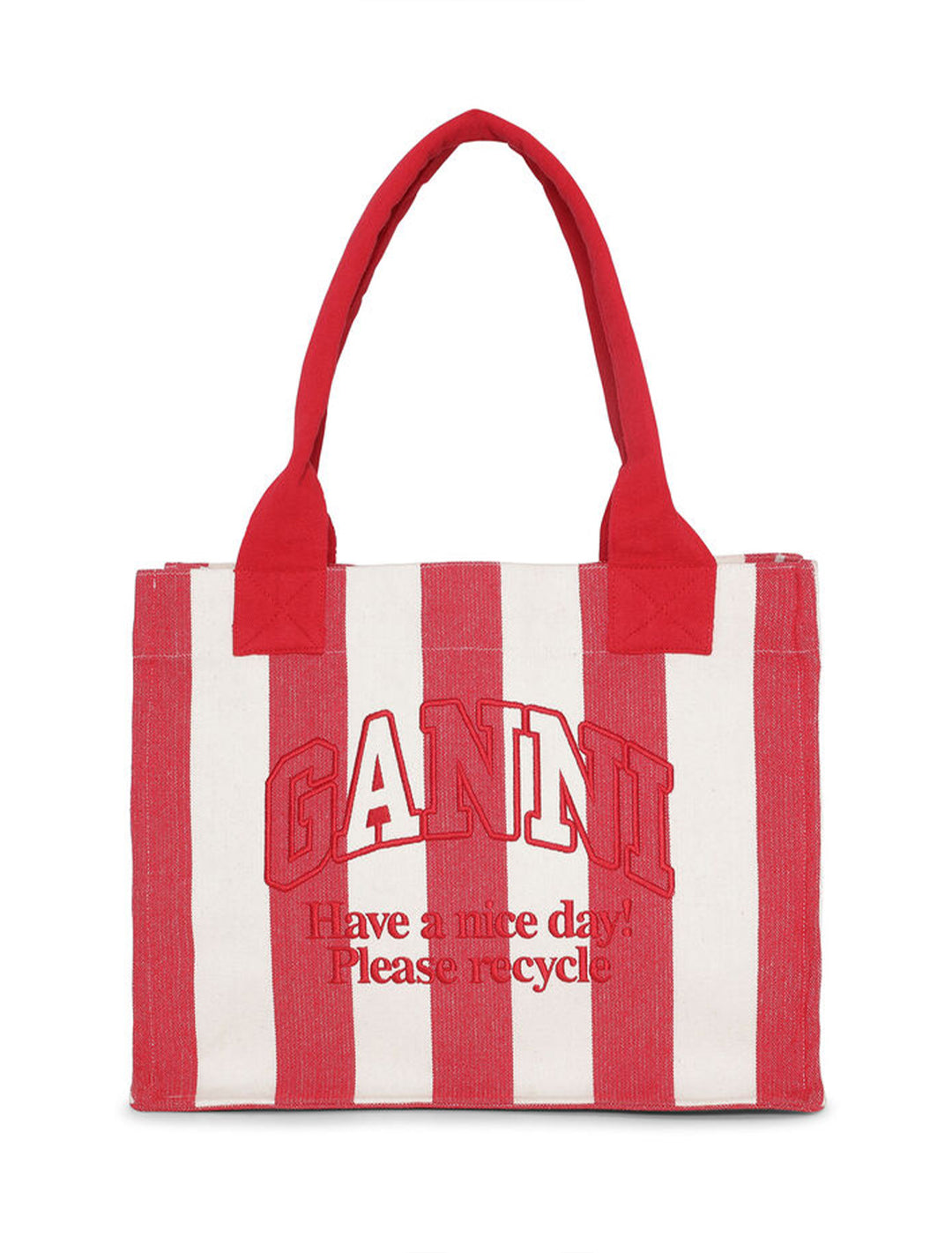 Front view of GANNI's large easy shopper in barbados cherry stripe.