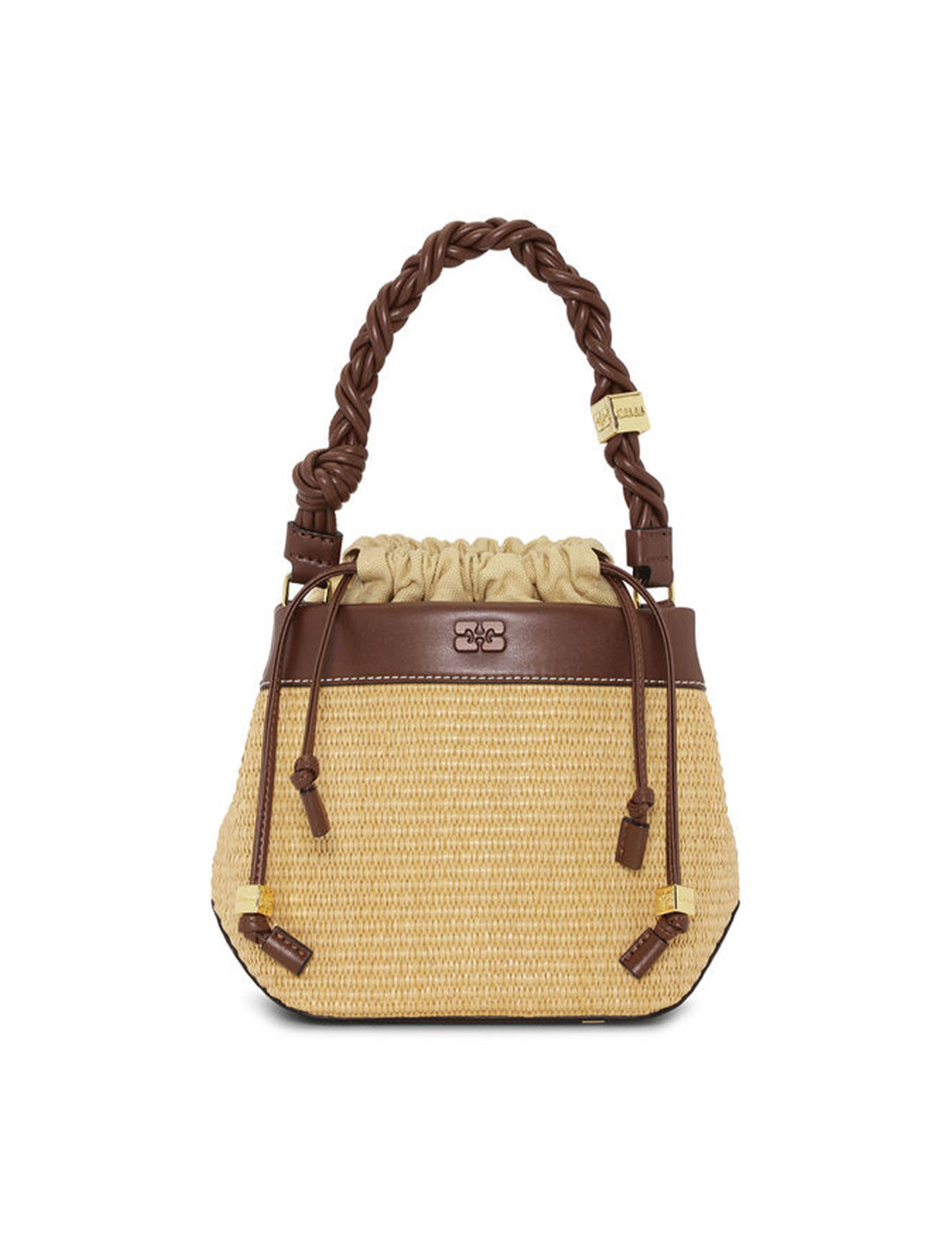 Front view of GANNI's bou bucket bag in raffia.