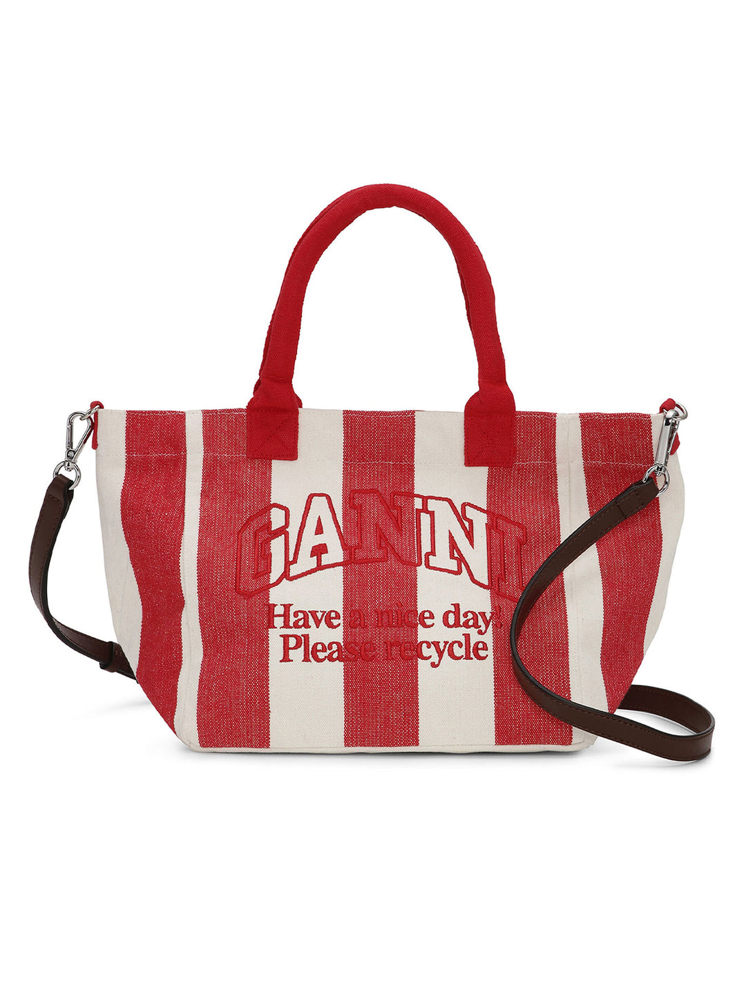 Front view of GANNI's small easy shopper in barbados cherry stripes.