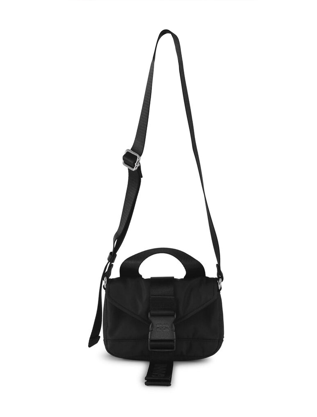 Front view of GANNI's recycled tech mini satchel in black.