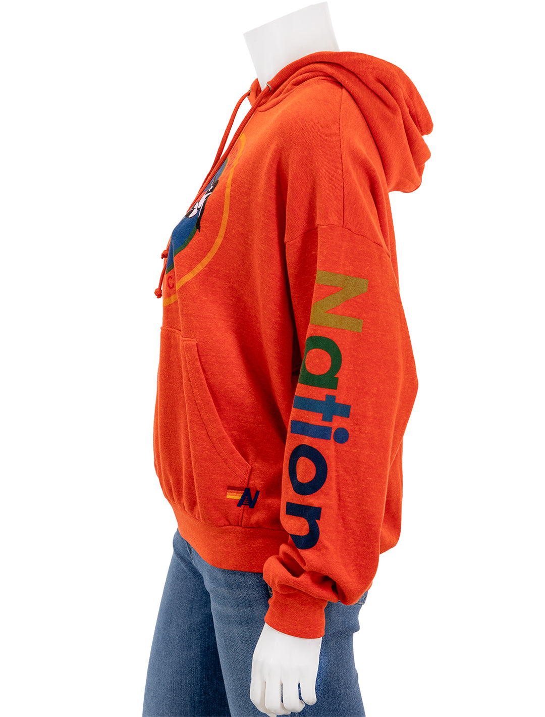 Side view of Aviator Nation's aviator nation pullover hoodie in orange.