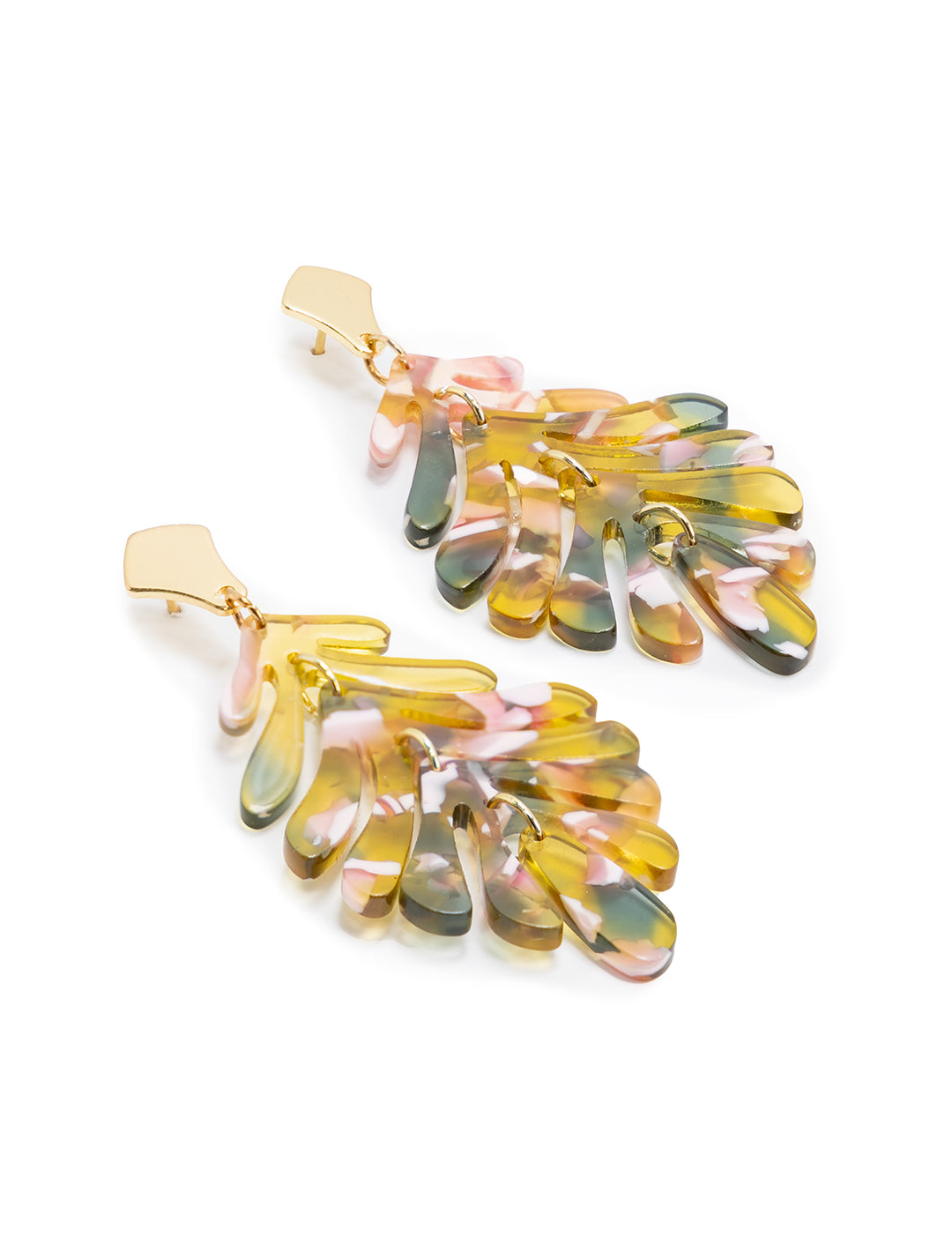 Stylized laydown of St Armands' pink and green petite palm earring.