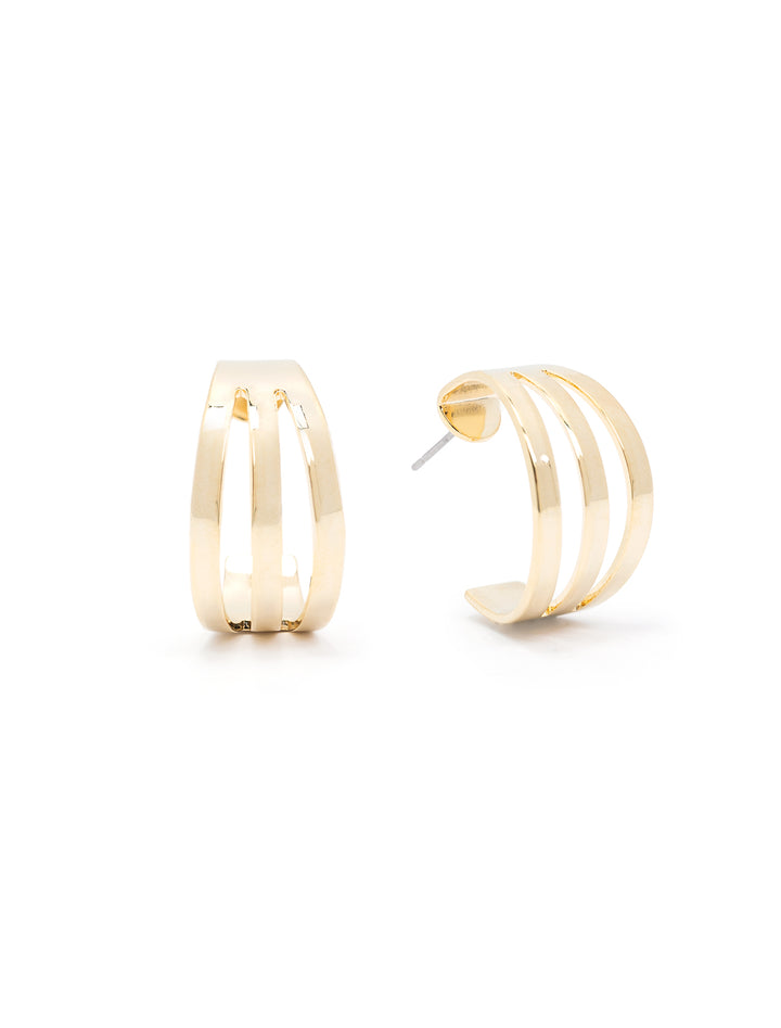 Front view of AV Max's three band hoops in gold.