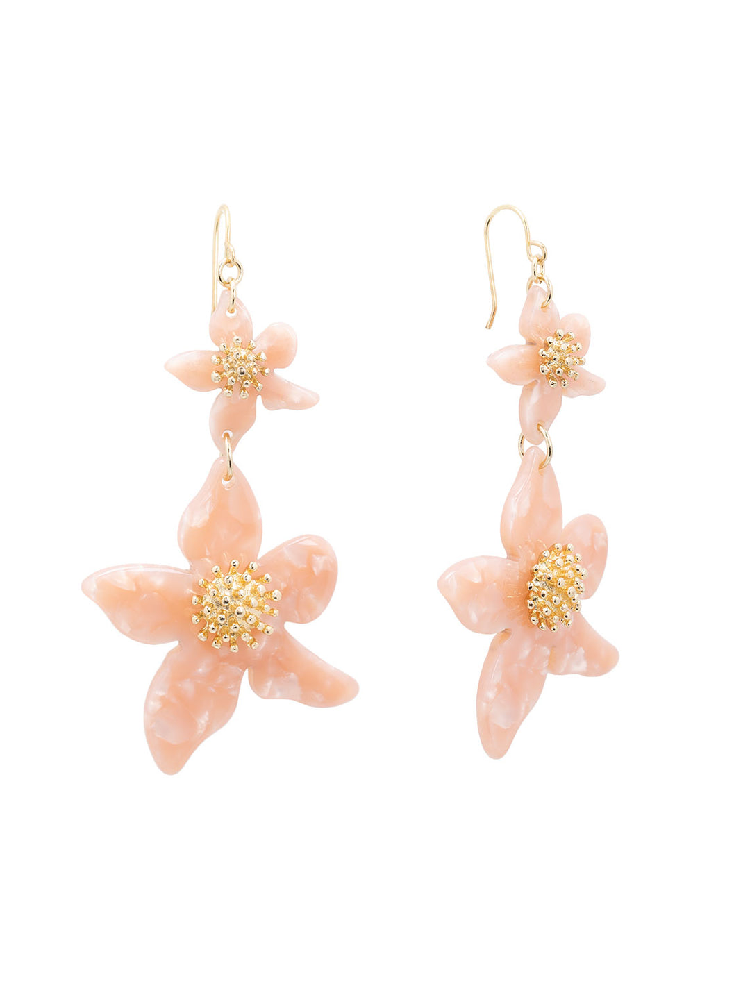 Front view of West Eleventh's double pink flower statement earrings.