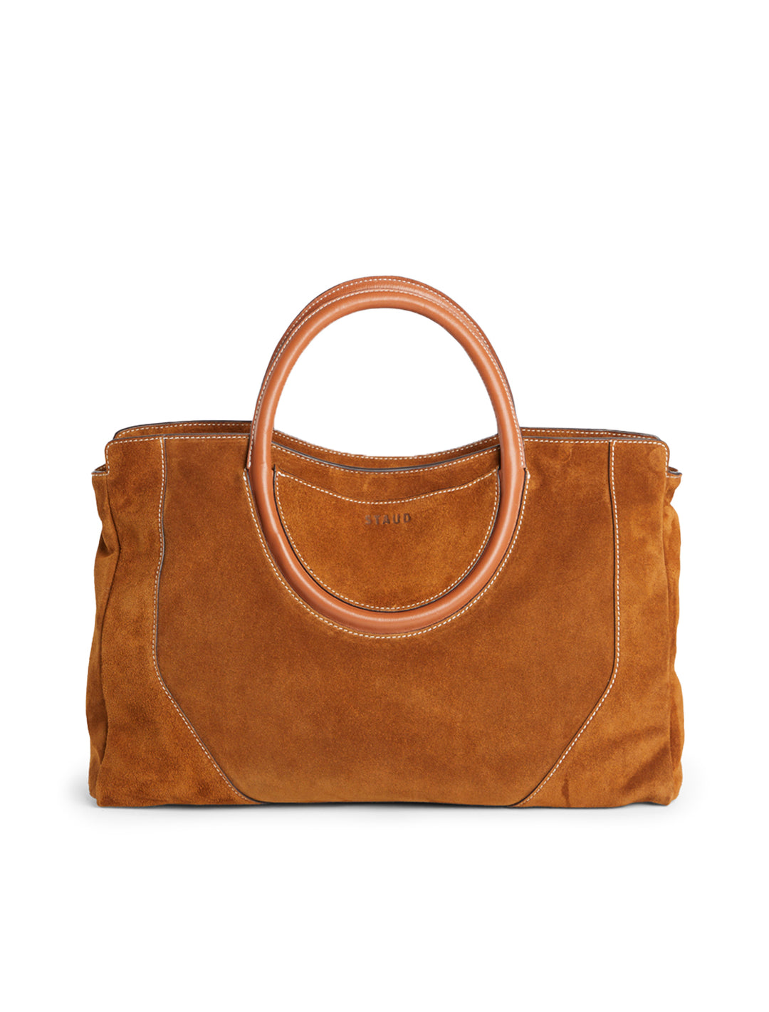 Front view of Staud's maude satchel in tan suede.