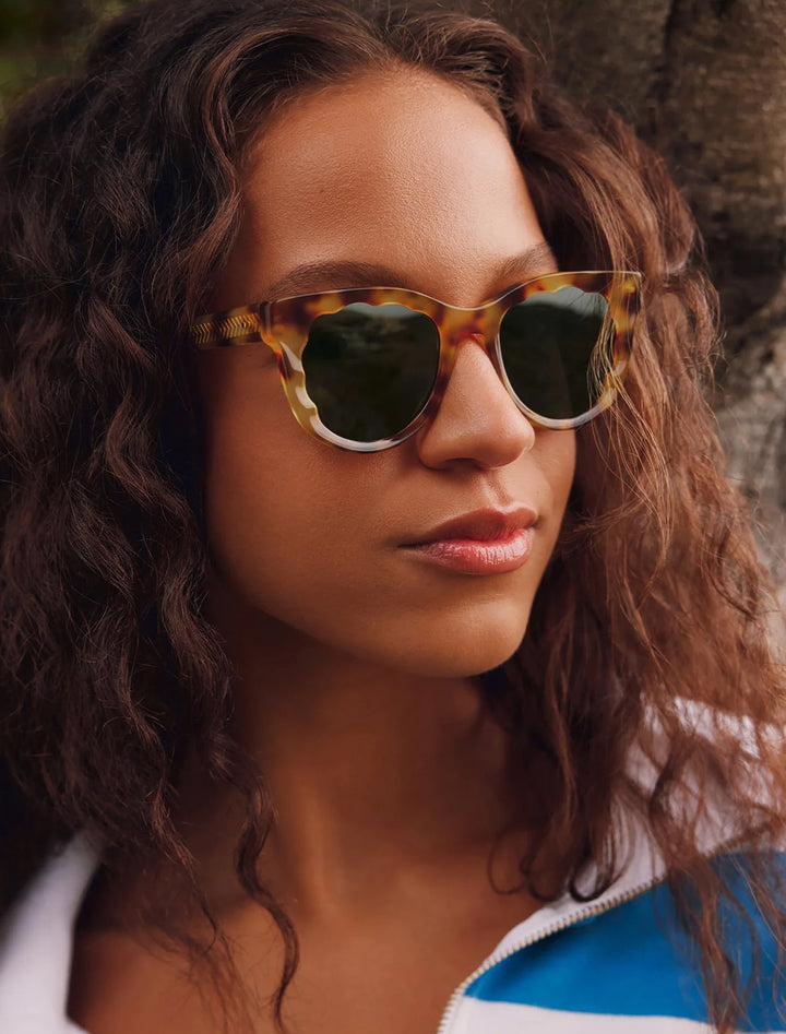 Model wearing Krewe's ellie in hawksbill.