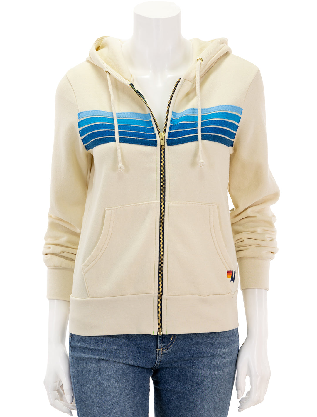 Front view of Aviator Nation's 5 stripe zip hoodie in vintage white and blue.