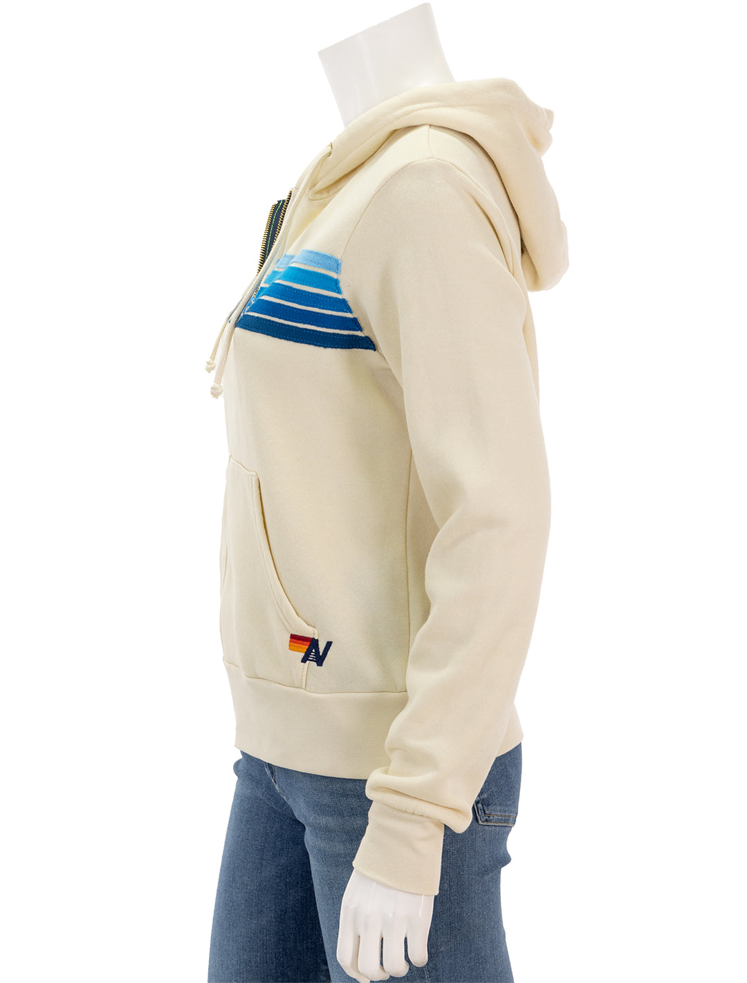 Side view of Aviator Nation's 5 stripe zip hoodie in vintage white and blue.