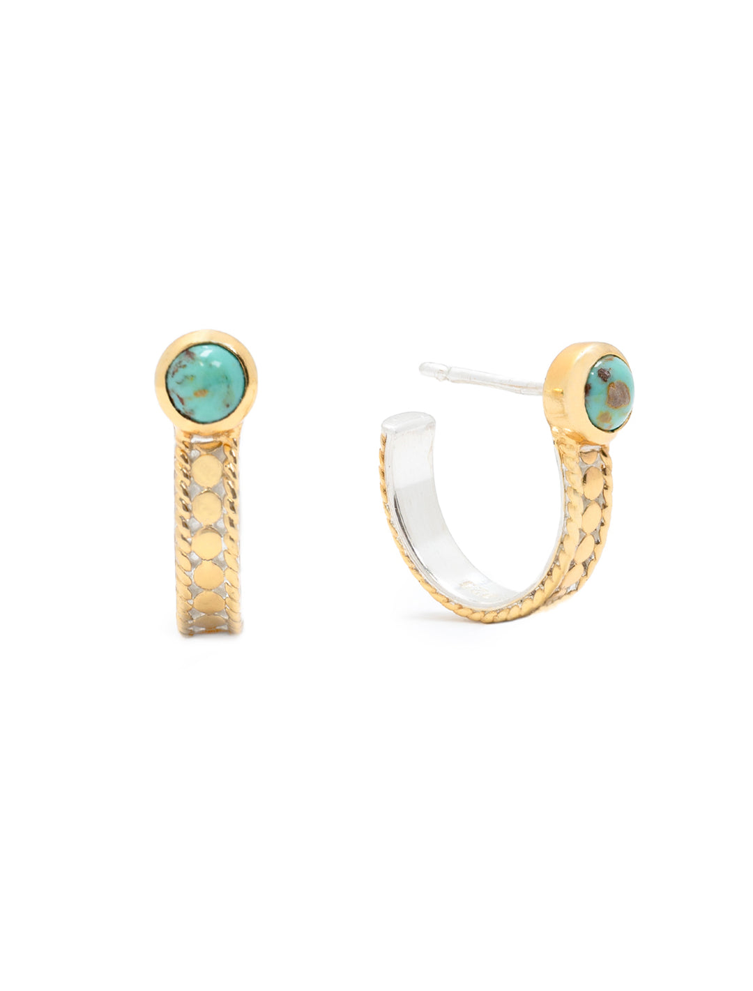 Front view of Anna Beck's turquoise hoop earrings in gold.