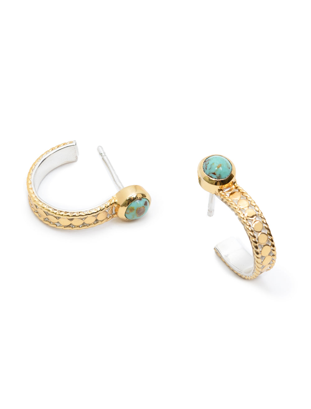 Laydown of Anna Beck's turquoise hoop earrings in gold.