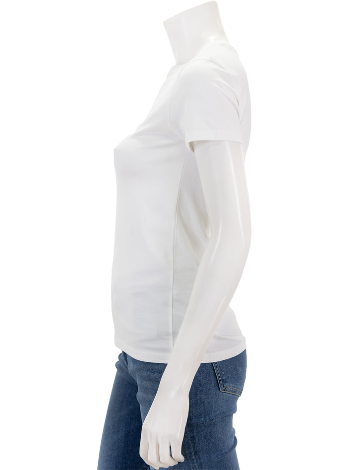 Side view of Patrick Assaraf's short sleeve iconic fitted crew in white.