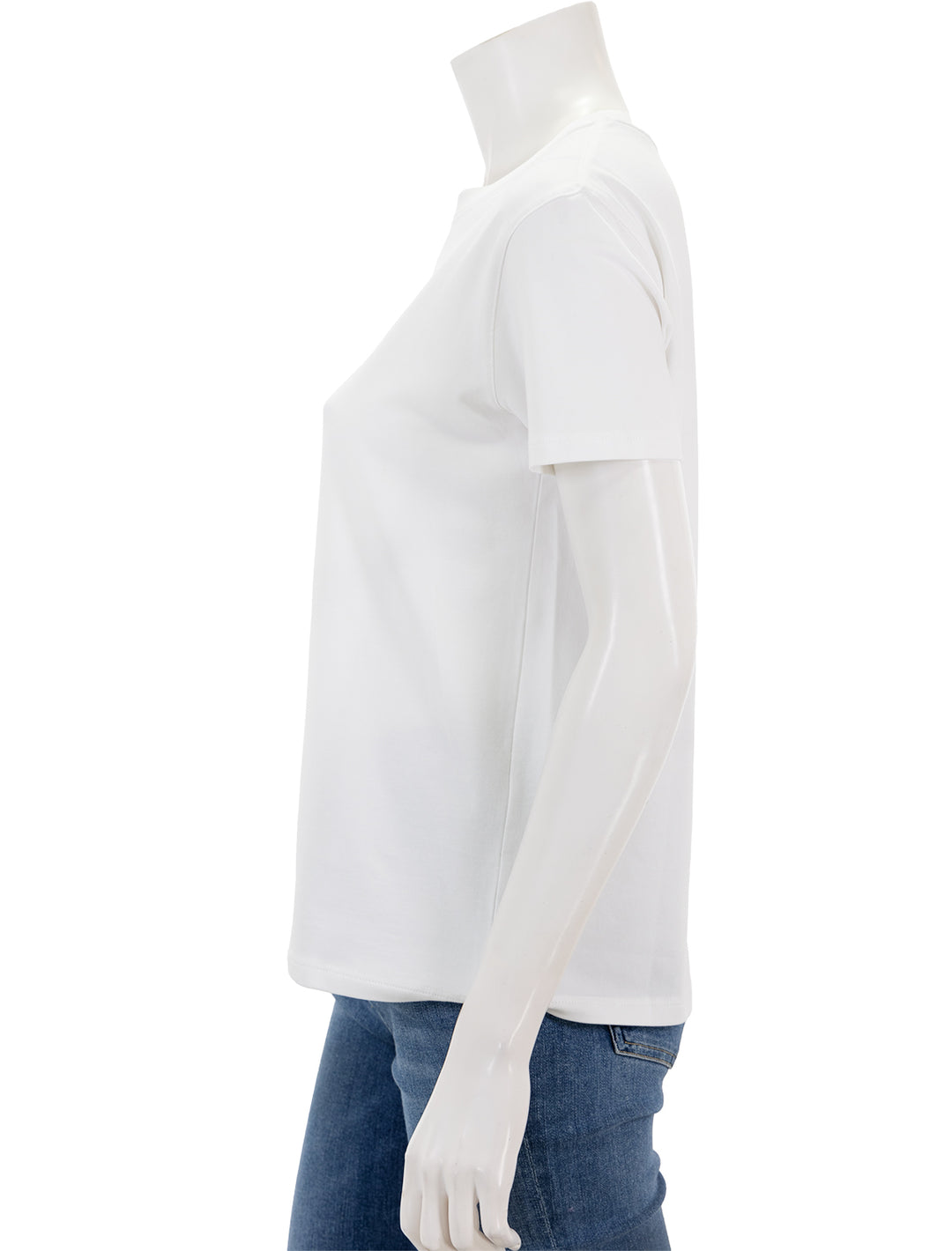 Side view of Patrick Assaraf's short sleeve iconic boyfriend crew in white.