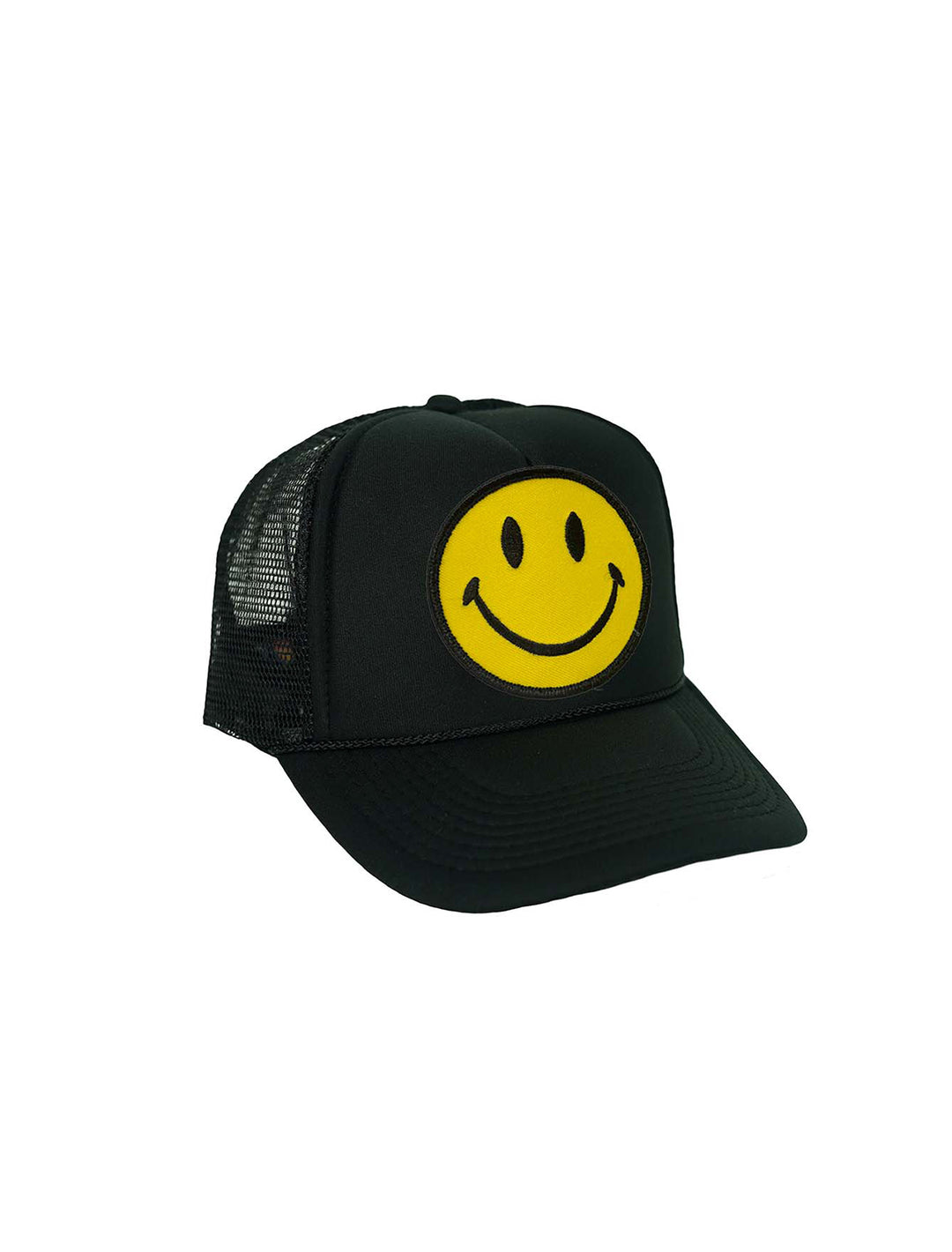 Front angle view of aviator nation's smiley vintage low rise trucker in black