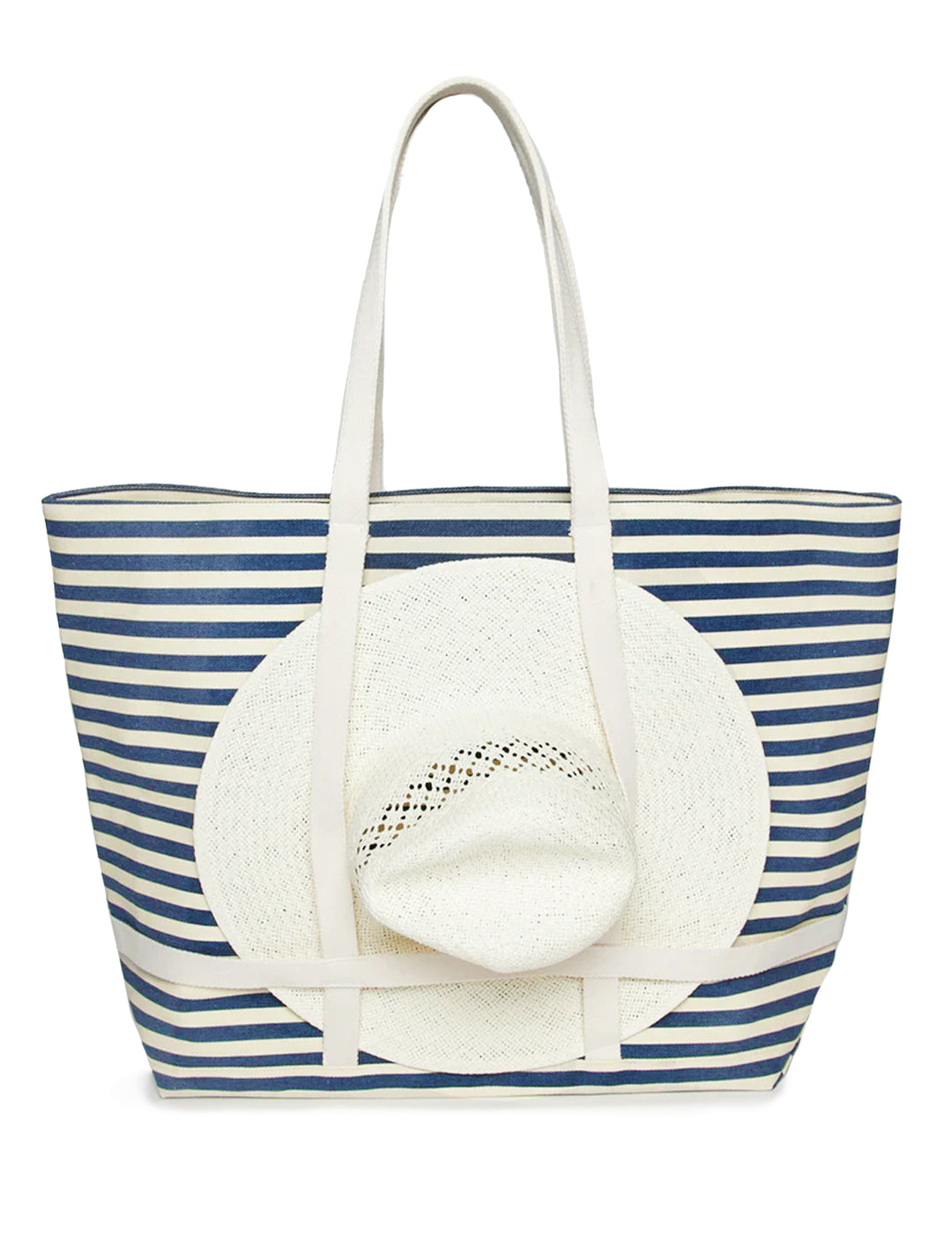 Front view of Hat Attack's sunhat sized traveler tote in navy stripe, with a hat attached.