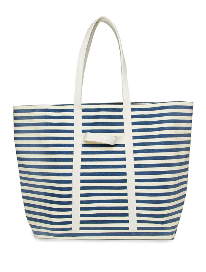Back view of hat attack's sunhat sized traveler tote in navy stripe