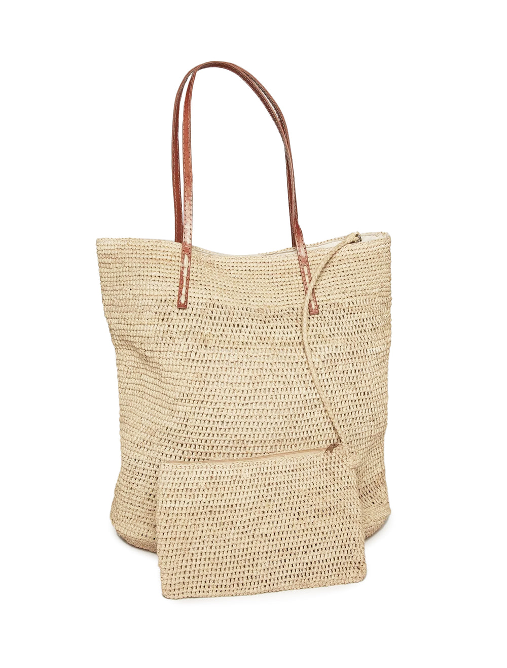 Front view of Hat Attack's lucia tote in natural with inside pouch shown.