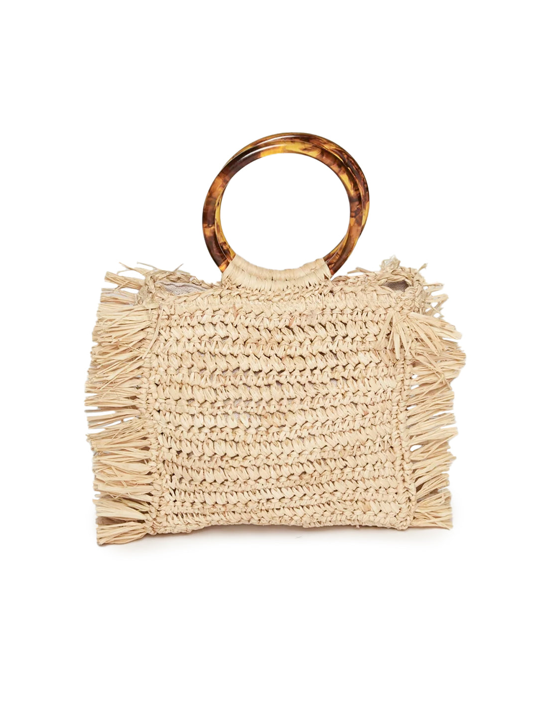 Front view of Hat Attack's tort fringed natural mini tote.
