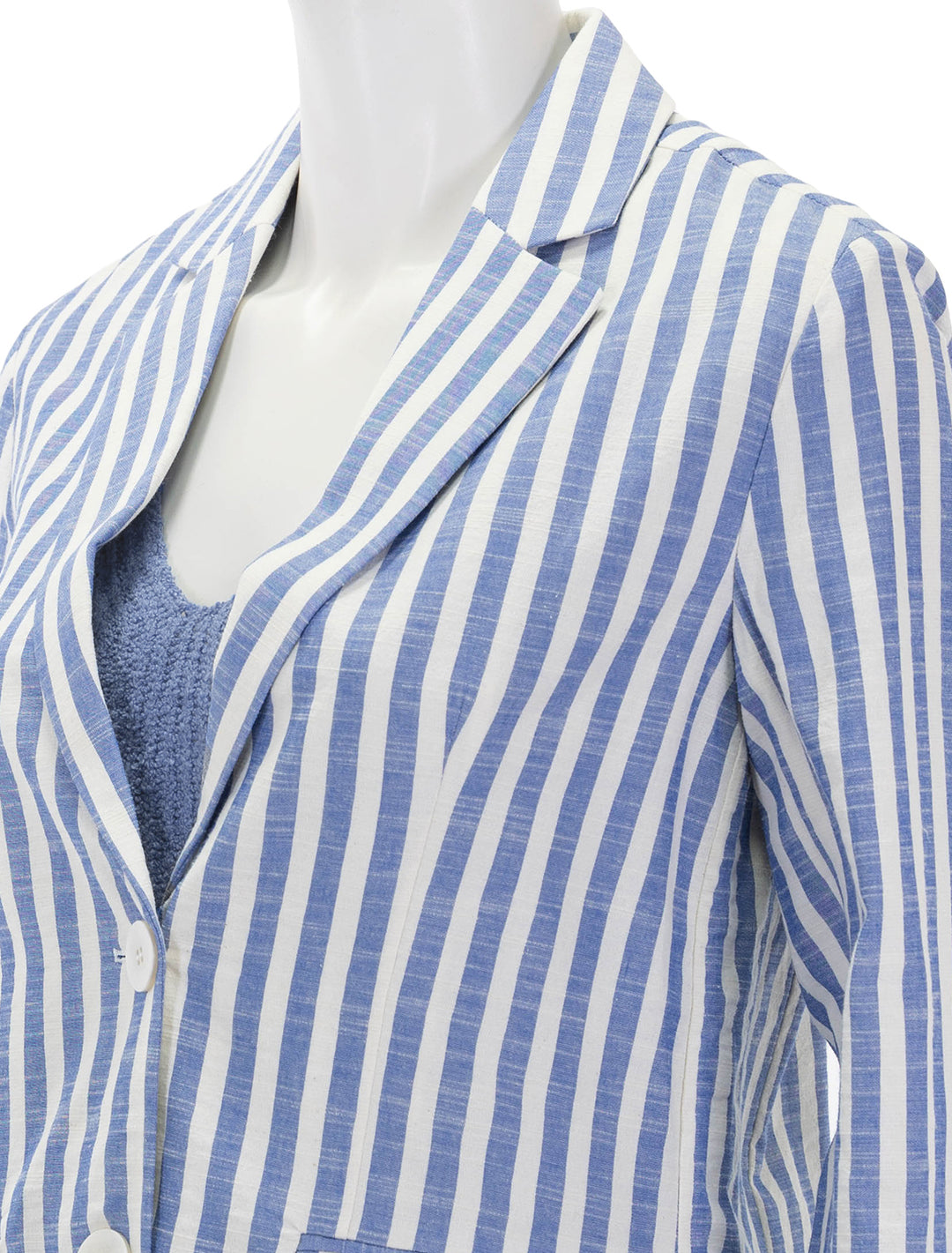Close-up view of Nation LTD's beau blazer in parisian blue stripe.