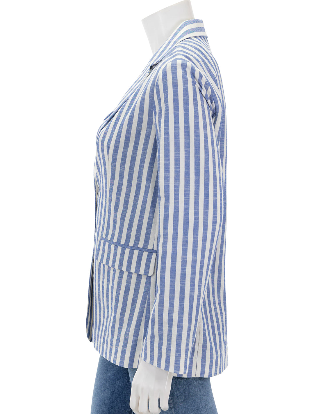Side view of Nation LTD's beau blazer in parisian blue stripe.