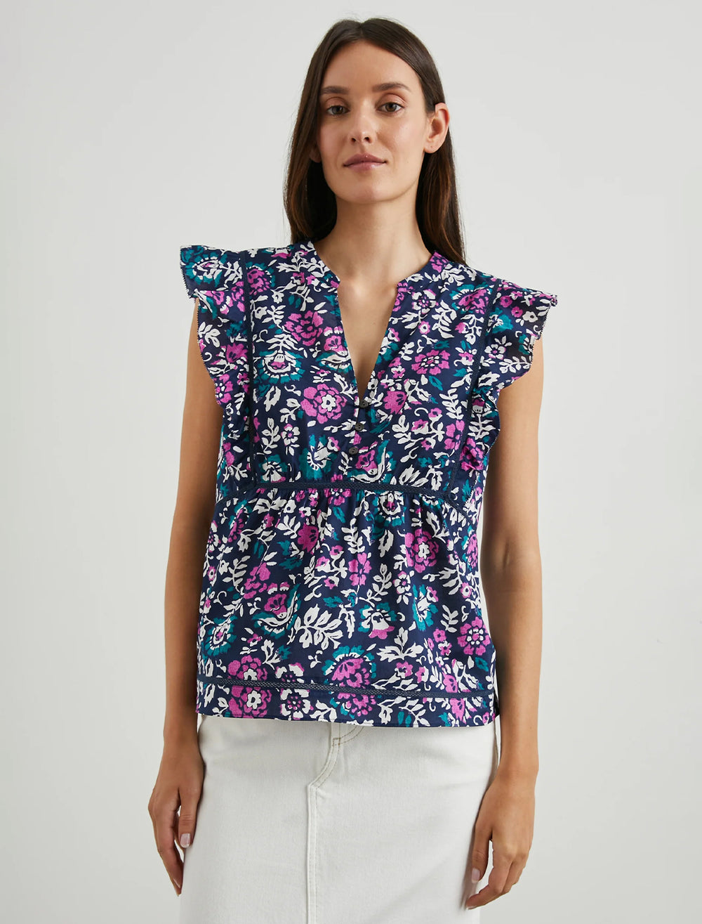 Model wearing Rails' misha top in woodblock floral.