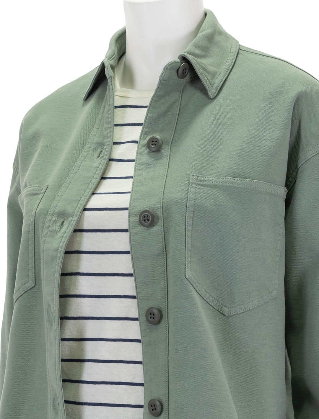 Close-up view of Faherty's stretch terry overshirt in coastal sage.